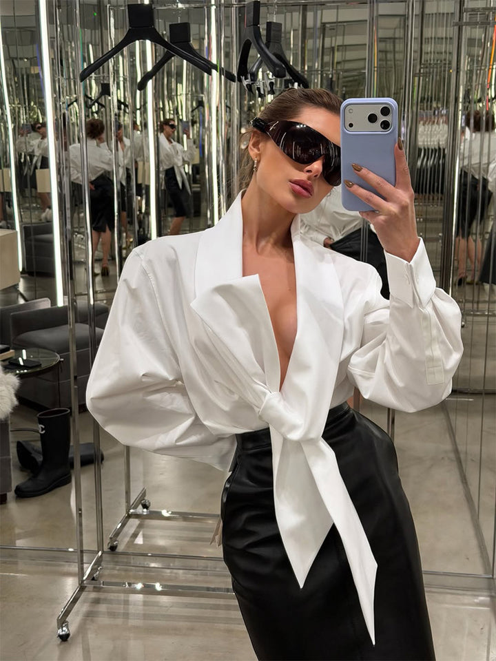 Women Tailored Blouse with XXL Volume Sleeves and Front Knot Mune Fashion