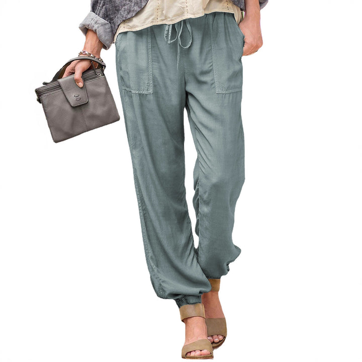Women casual linen look jogging pants with drawstring, patch pockets and elastic cuffs Mune Fashion