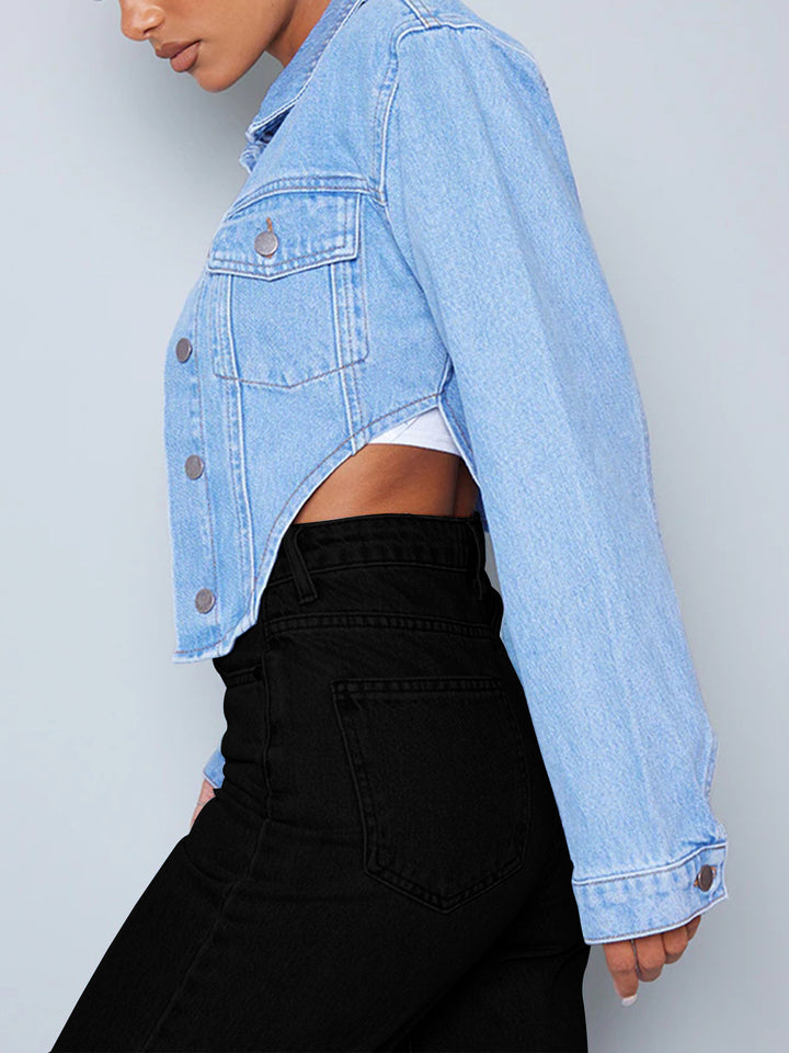 Women's short tailored cropped denim jacket with curved V hem Mune Fashion