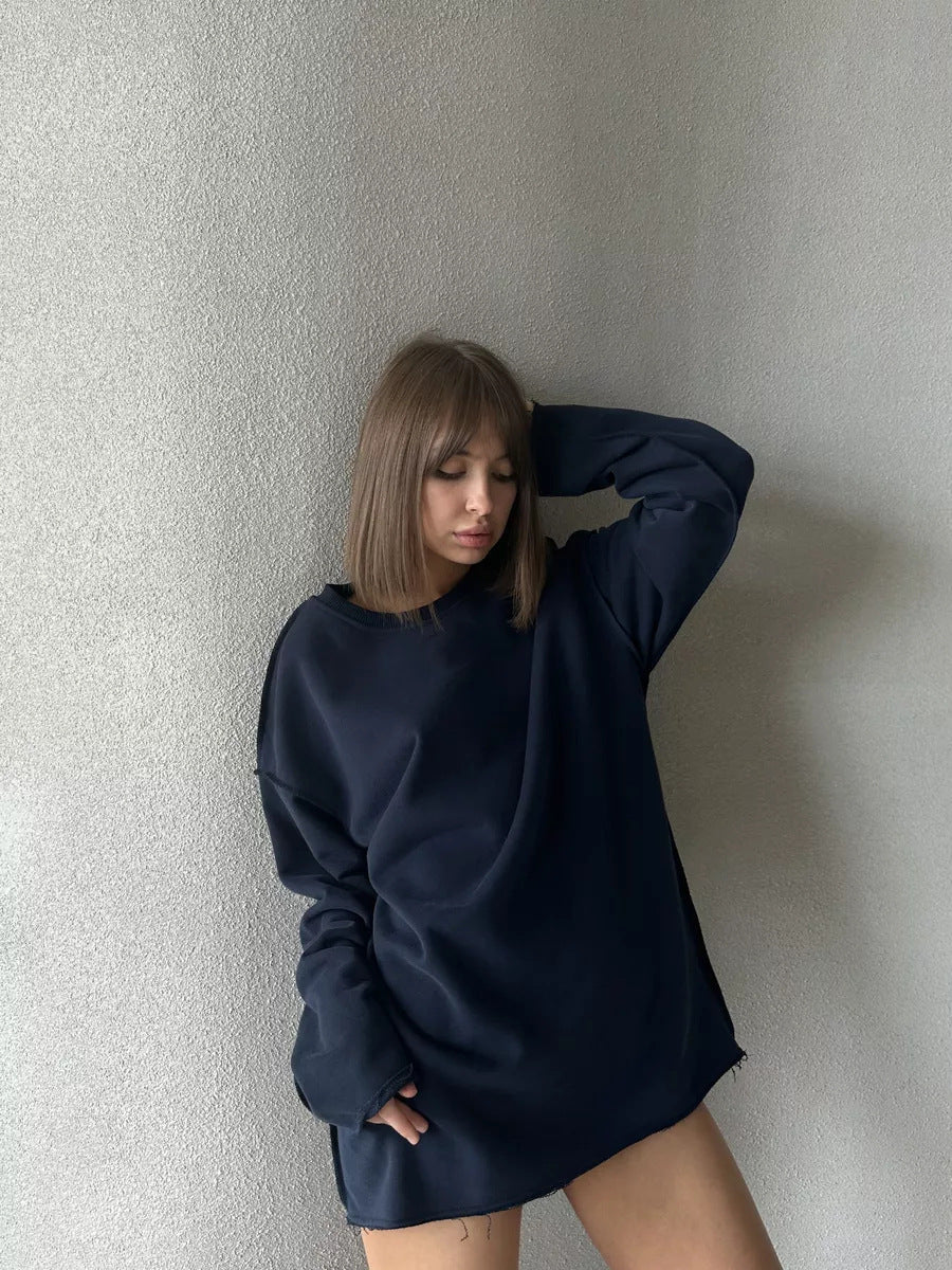 Women Oversize Sweatshirt with Raw Hem and Dropped Shoulders Mune Fashion