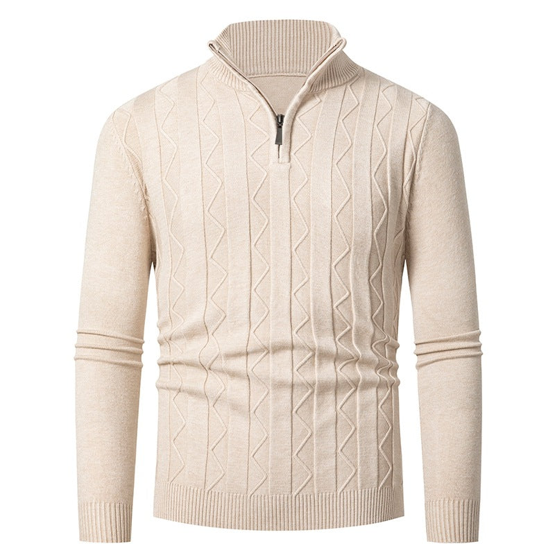 Men's fine knit half-zip sweater with cable pattern and stand-up collar Mune Fashion