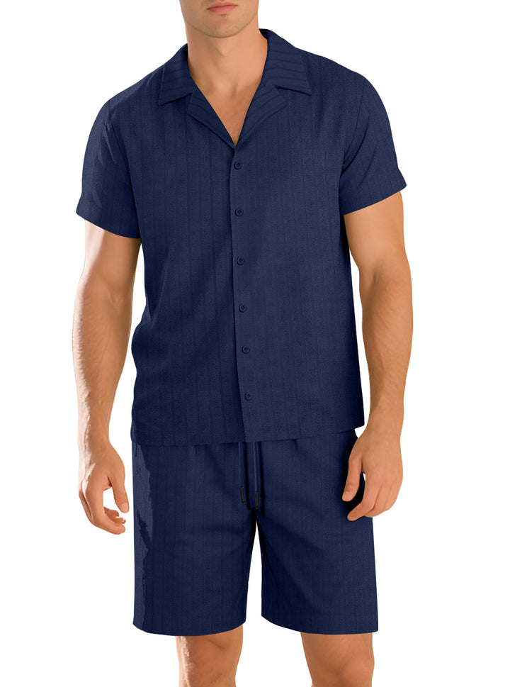 Men's ribbed knit lounge set with lapel collar short-sleeve shirt and comfort bermuda Mune Fashion