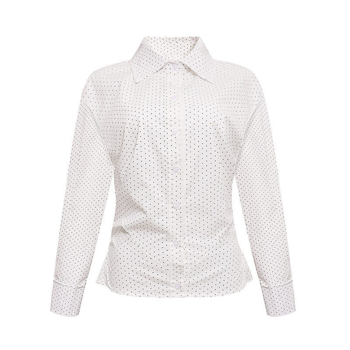 Women's Fitted Long Sleeve Blouse Shirt with Polka Dot Pattern and Shaped Darts