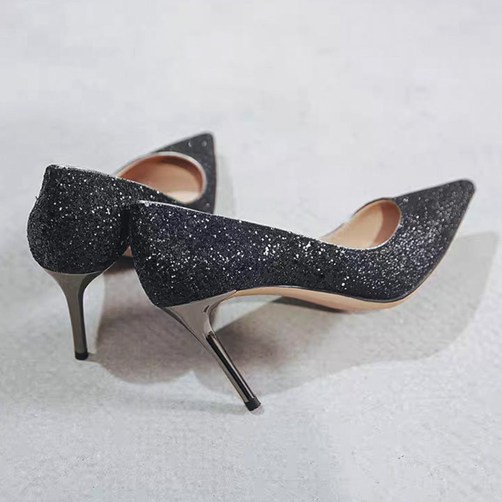 Ladies glitter pumps with pointed toe shape and metallic stiletto heel Mune Fashion