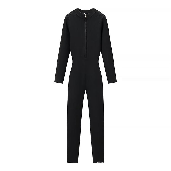 Women's figure-hugging knitted overall with stand-up collar and front zipper Mune Fashion