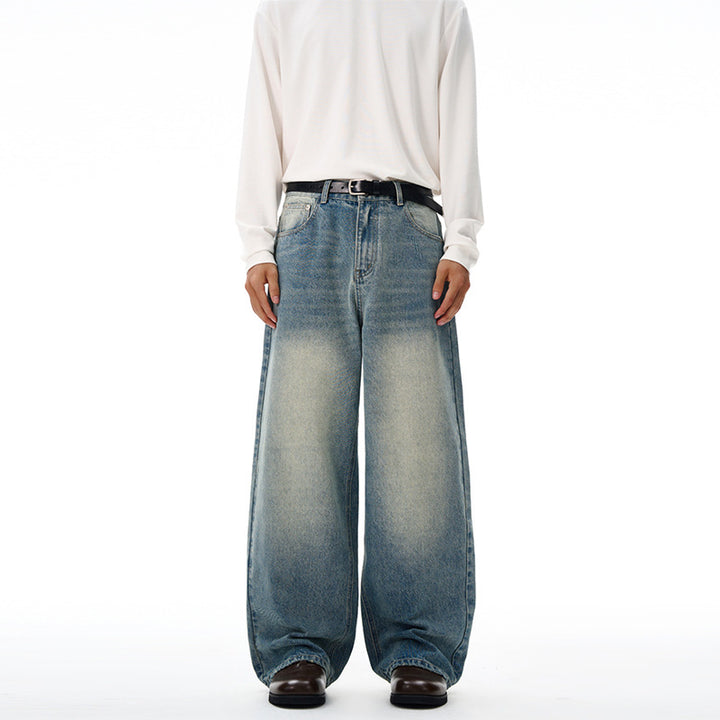 Men's Ultra Wide Vintage Denim Baggy Jeans with Low Crotch and Floor-Length Hemline Mune Fashion