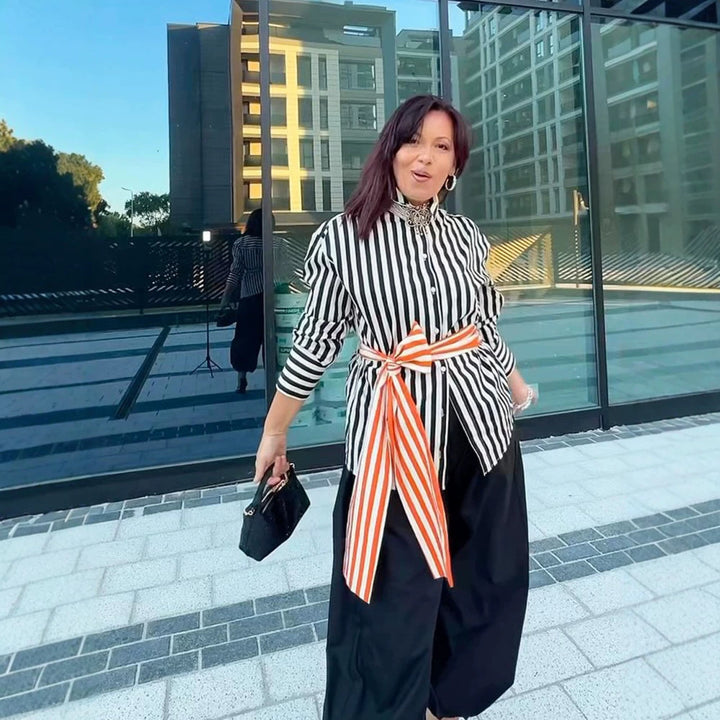 Women Vertical Striped Oversize Shirt Blouse with Boxy Silhouette and Tie Belt Mune Fashion