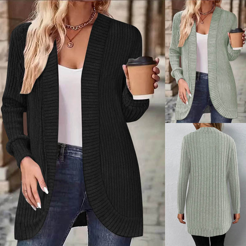 Women Long Open Ribbed Knit Cardigan with Rounded Hem Drune