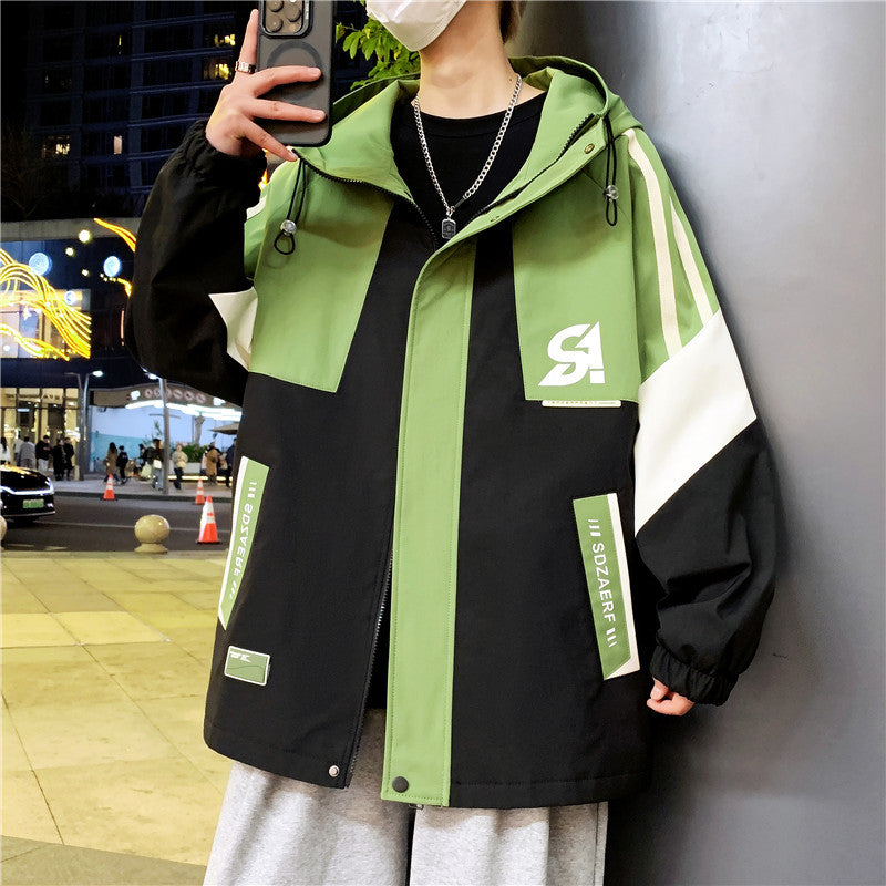 Men's Oversized Windbreaker with Hood, Sporty Front Print and Contrast Panels Mune Fashion