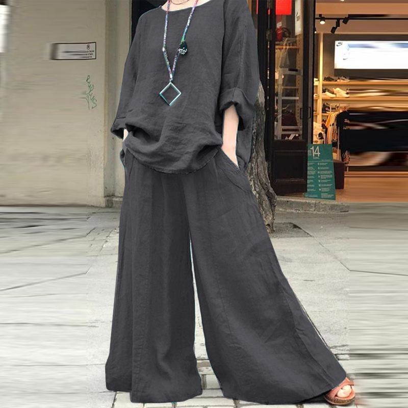 Women's Airy Linen Lounge Set with Boxy Tunic and Extra Wide Palazzo Pants Mune Fashion