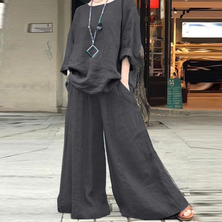 Women's Airy Linen Lounge Set with Boxy Tunic and Extra Wide Palazzo Pants Mune Fashion
