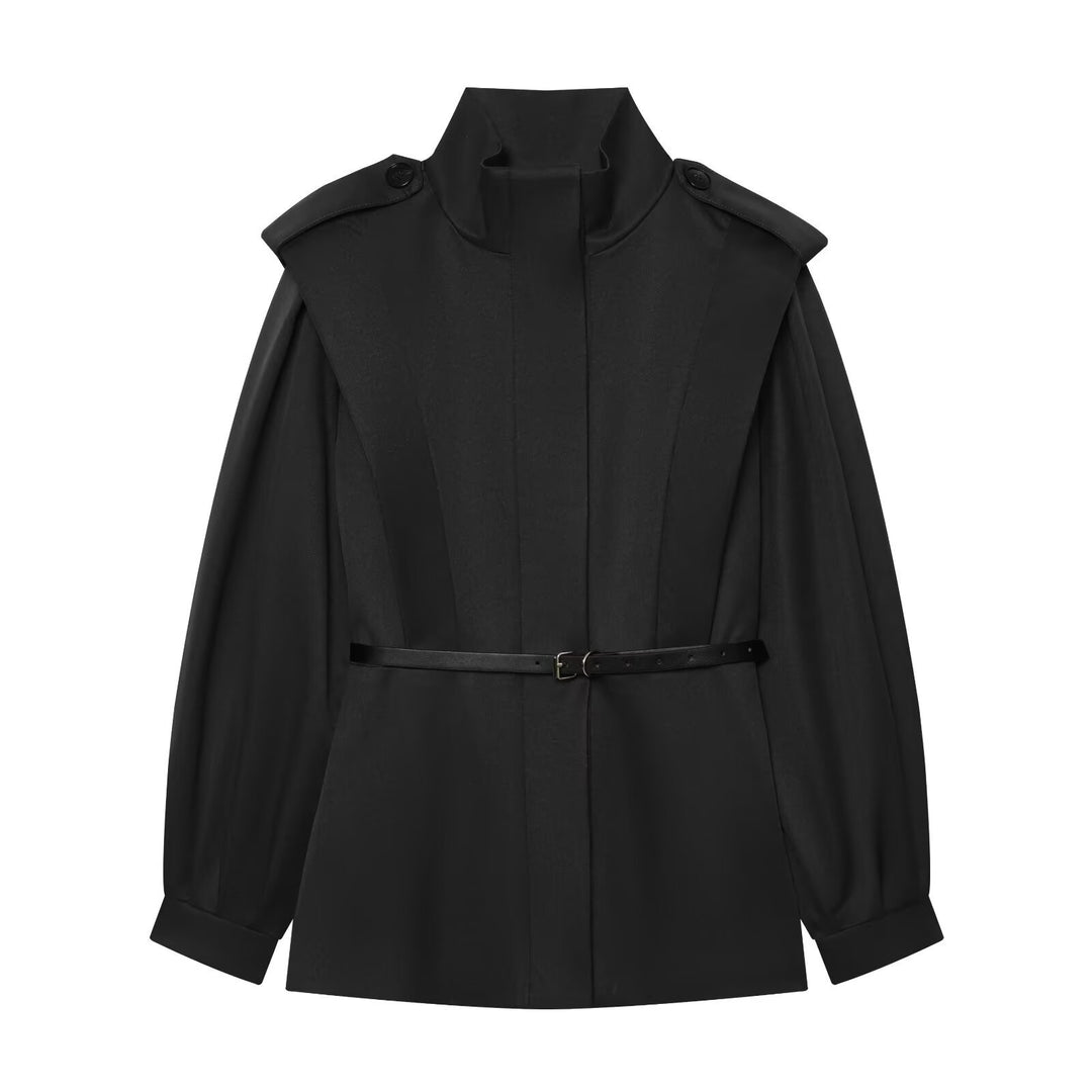 Women Short Cape Trench with High Funnel Collar and Waist Belt Mune Fashion