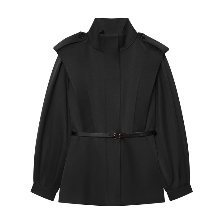 Women Short Cape Trench with High Funnel Collar and Waist Belt Mune Fashion