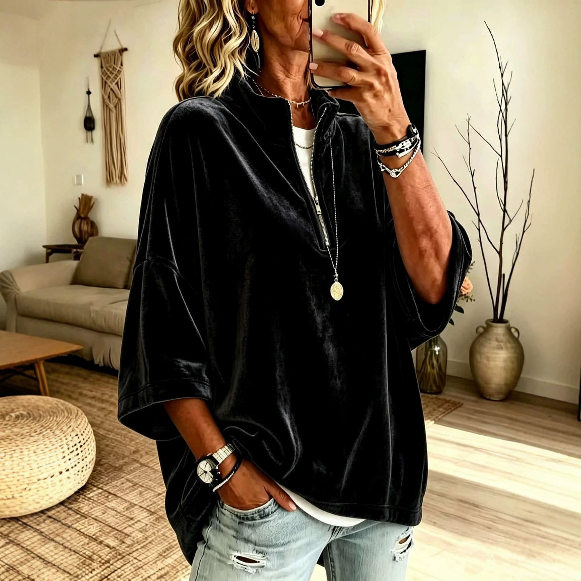 Women's Oversize Velvet Sweater with Short Zipper and Stand-Up Collar Mune Fashion