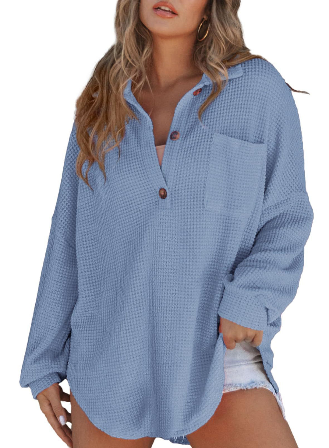 Women's Oversize Waffle Knit Shirt Tunic with Chest Pocket and Wooden Buttons Mune Fashion
