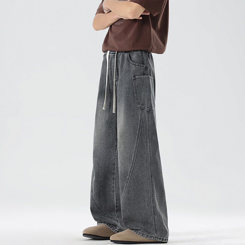 Men's Extra Wide Denim Baggy Pants with Drawstring Waist and Panel Seams Mune Fashion