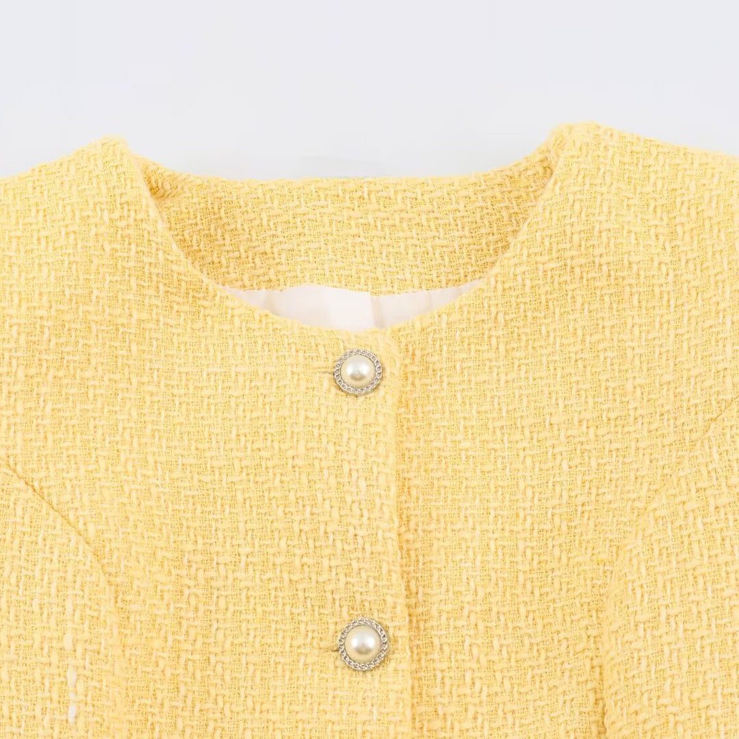 Women's short jacket in boucle tweed style with pearl buttons and waist belt Mune Fashion