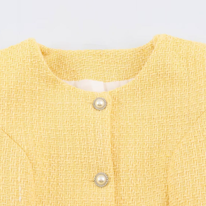 Women's short jacket in boucle tweed style with pearl buttons and waist belt Mune Fashion