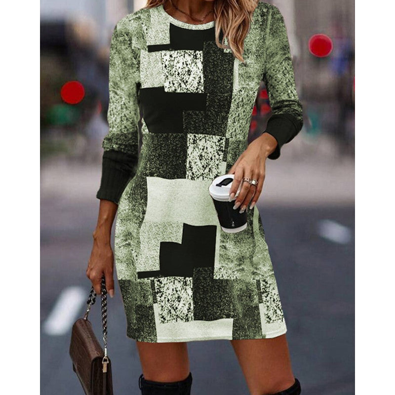 Women’s Knit Dress with Modern Geometric Pattern and Long Sleeves Mune
