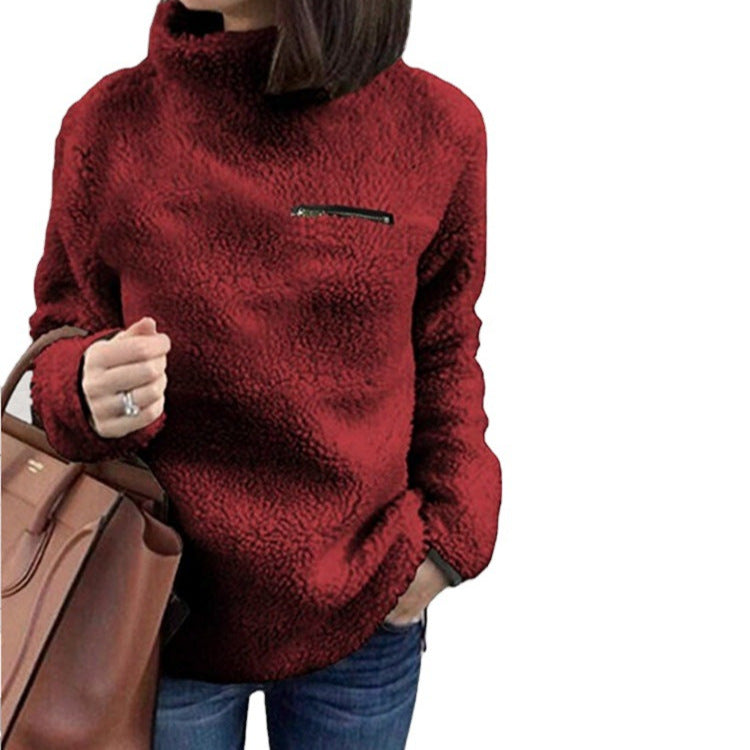 Women's cozy teddy fleece pullover with stand-up collar and chest zipper Mune Fashion