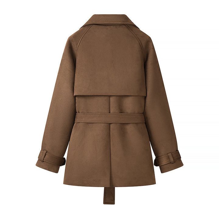 Women's Short Trench Coat in Wool Look Double Breasted with Waist Belt Mune Fashion