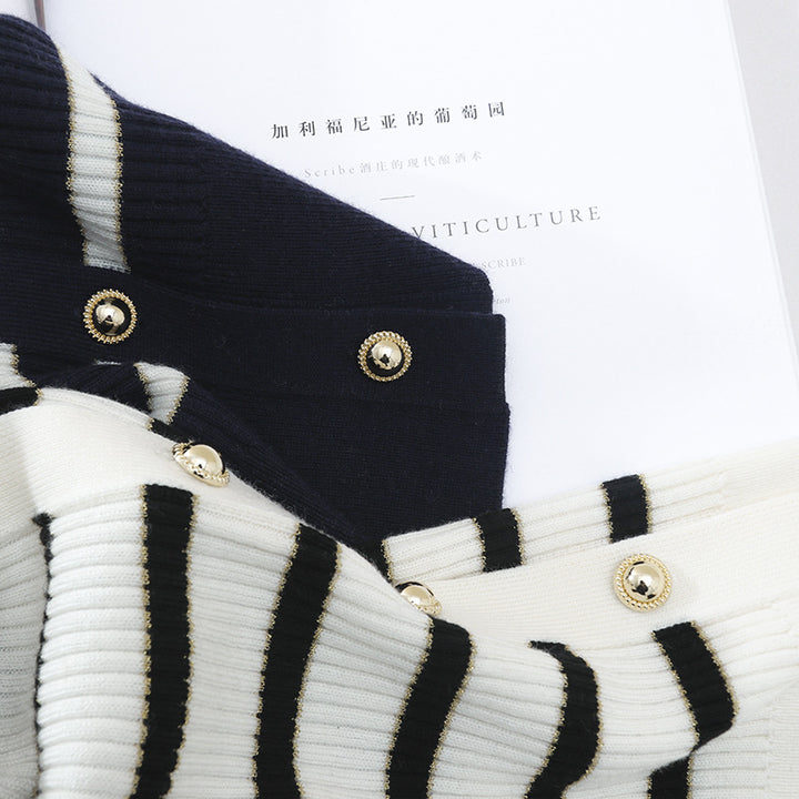 Women’s marine-inspired ribbed knit cardigan with polo collar and decorative button placket Mune Fashion