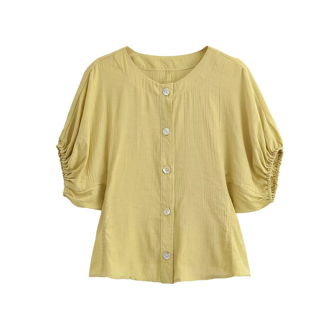 Women Lightweight Crinkle Blouse Shirt with Button Placket and Gathered Balloon Sleeves Mune Fashion