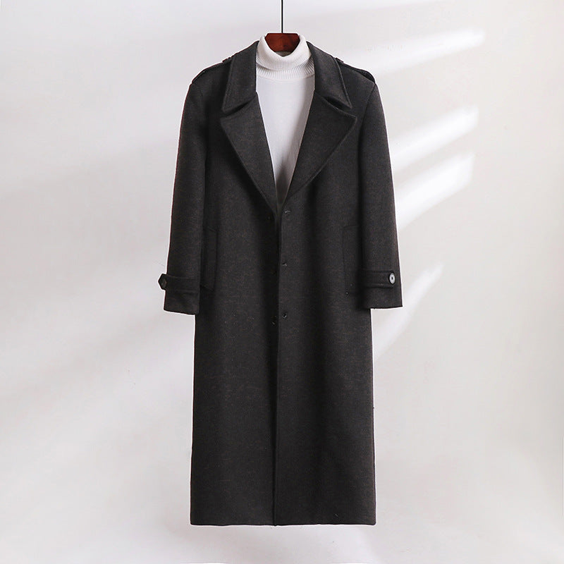 Men's Maxi-Length Wool Blend Overcoat with Boxy Silhouette, Shawl Collar and Decorative Epaulettes Mune Fashion