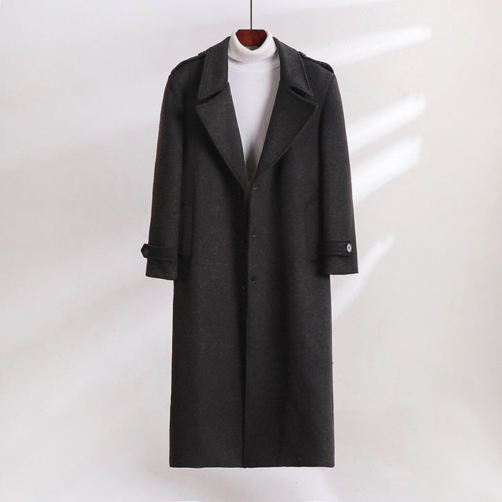 Men's Maxi-Length Wool Blend Overcoat with Boxy Silhouette, Shawl Collar and Decorative Epaulettes Mune Fashion