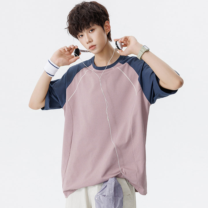 Men's Oversize Waffle Structure Raglan T-Shirt with Contrast Sleeves and Breathable Functional Jersey Mune Fashion