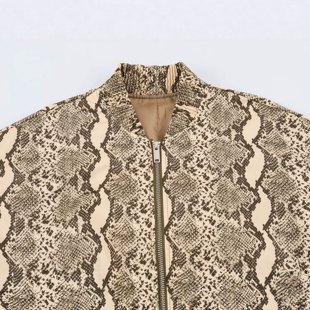 Women's Lightweight Snake Print Bomber Jacket with Stand Collar, Zipper and Gathered Cuffs Mune Fashion