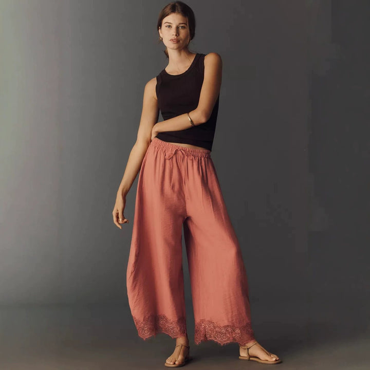 Women Wide Palazzo Pants with Elastic Drawstring Waistband and Lace Trim Mune Fashion