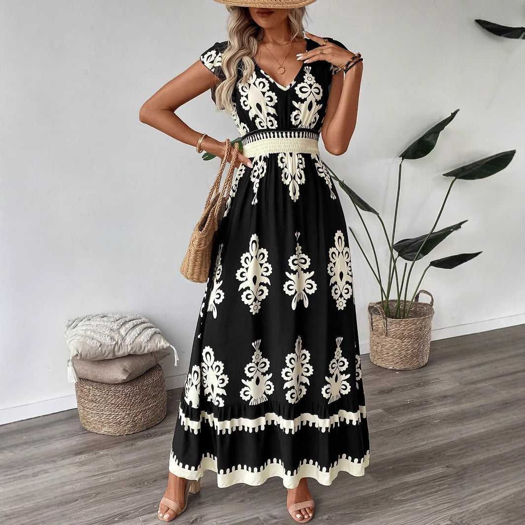 Women’s Boho Long Dress with V-neck, fitted stretch waistband and contrasting ornament print Mune Fashion