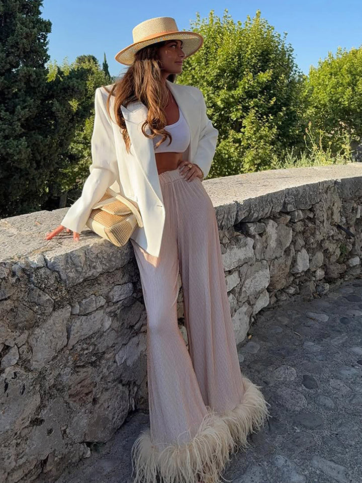 Women's Pleated Palazzo Pants with Wide Leg & Feather Trim Mune Fashion