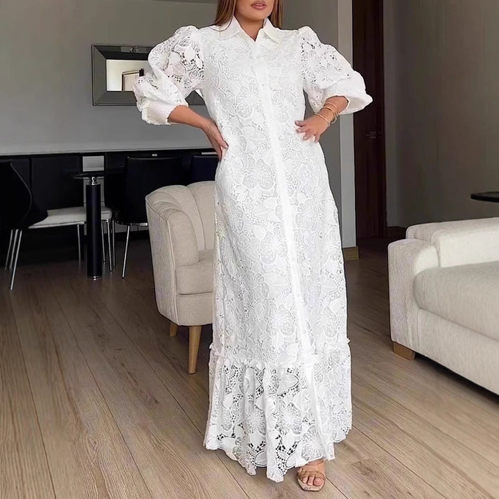 Ladies' maxi dress made of lace with shirt collar and puff sleeves Mune Fashion