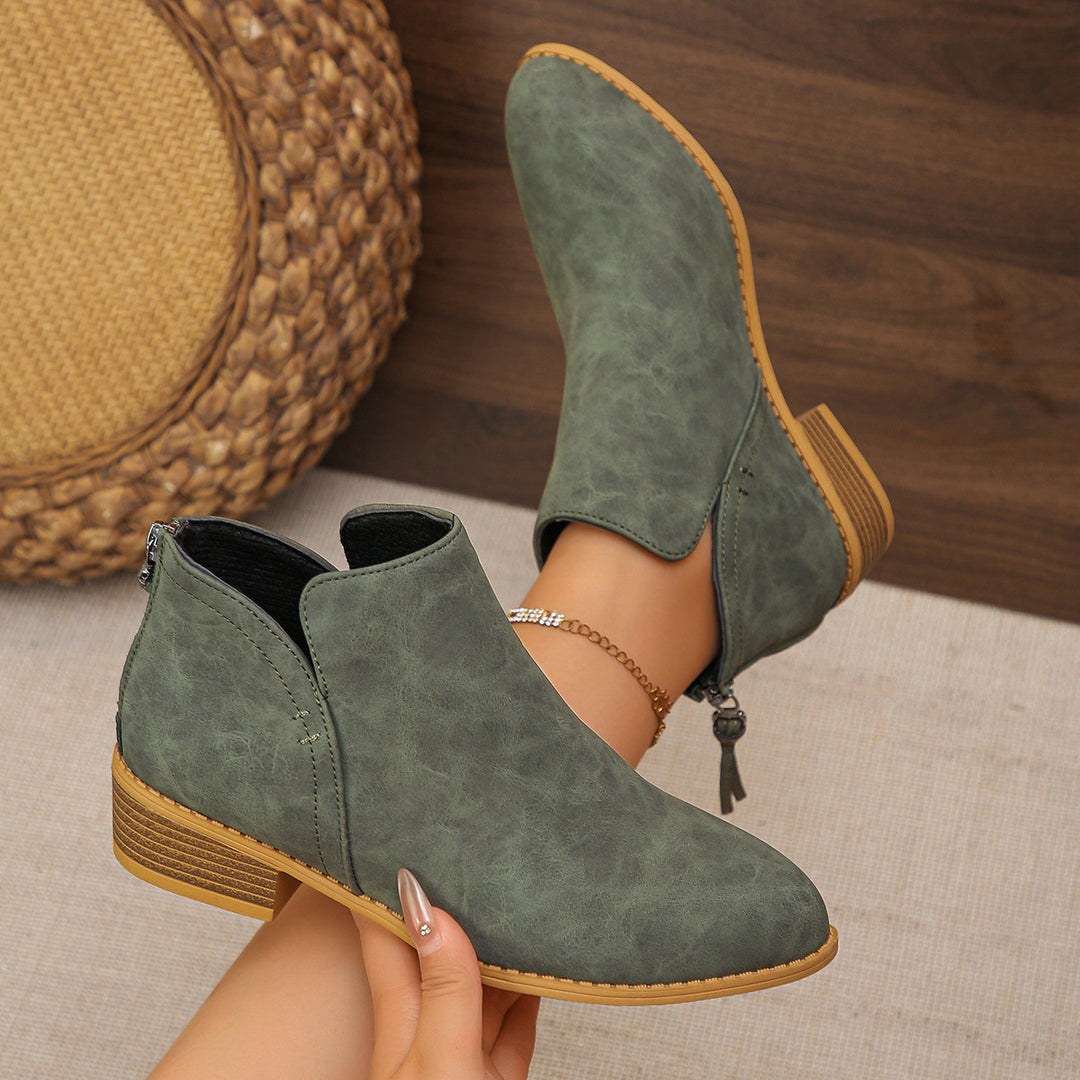 Women's fashionable short ankle boots with rear zipper, low block heel, and padded comfort insole Mune Fashion