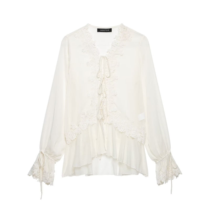 Women Romantic Chiffon Blouse with Lace Trim, V-Neck and Ruffle Layers Mune Fashion