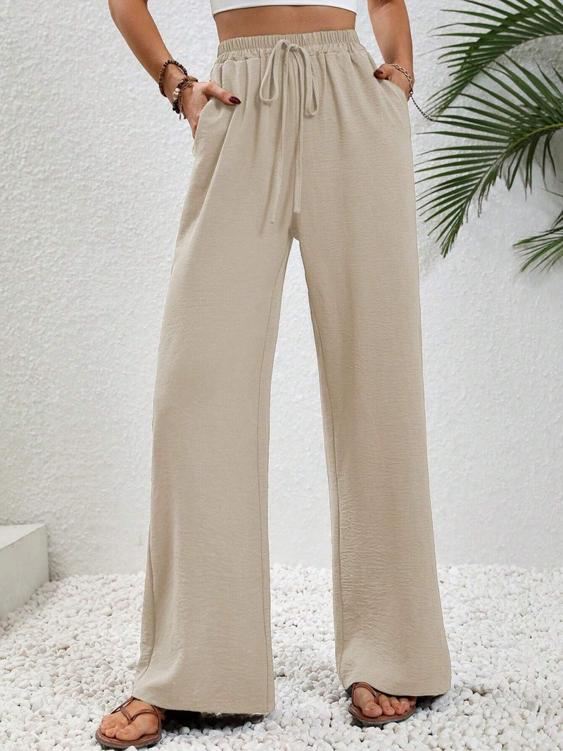 Women Wide Palazzo Pants with High Elastic Waistband, Drawstring and Side Pockets Mune Fashion