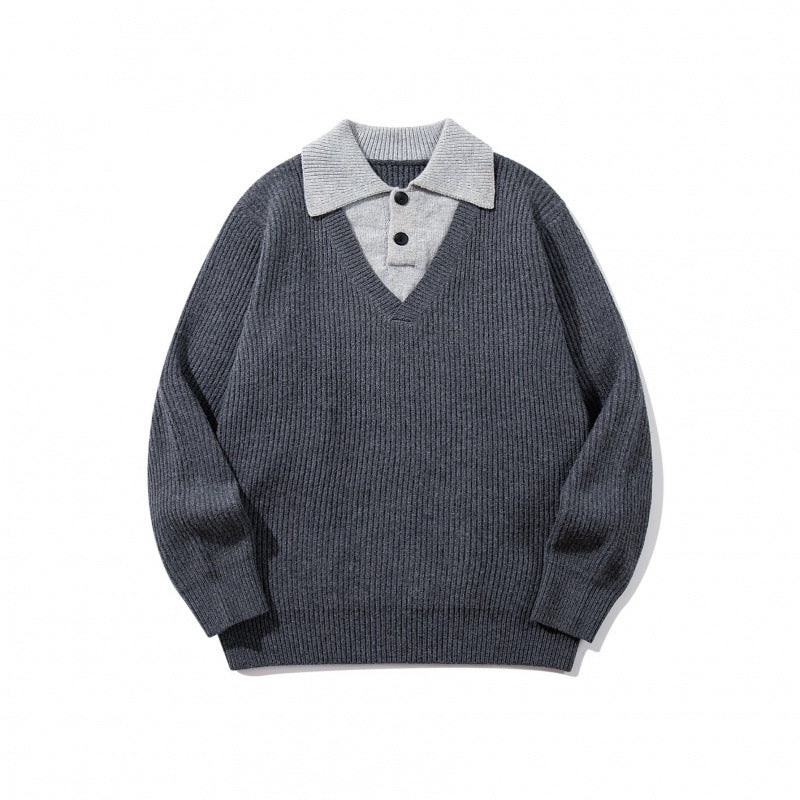 Unisex chunky knit boxy sweater with V-neck and contrasting polo button collar Mune Fashion