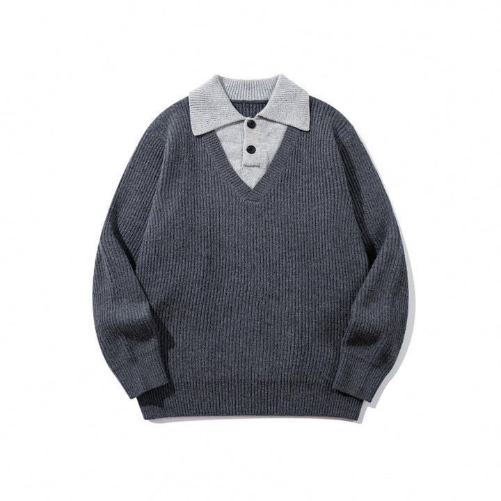 Unisex chunky knit boxy sweater with V-neck and contrasting polo button collar Mune Fashion