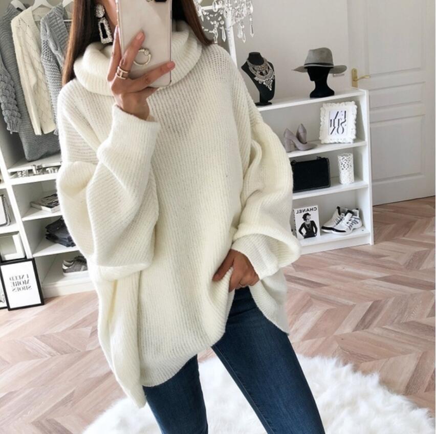 Women Oversize Knit Sweater with High Roll Collar, Casual Tunic Length and Balloon Sleeves Mune Fashion