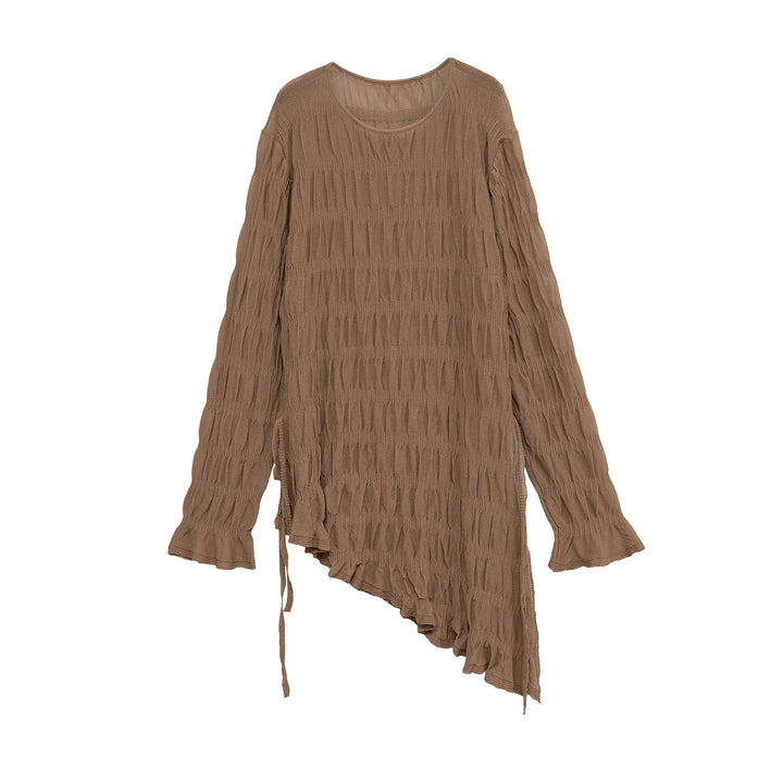 Women's Asymmetric Tunic in Crinkle Look with Tie Belt and Bell Sleeves Mune Fashion