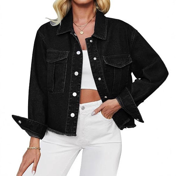 Women's cropped oversized denim jacket with raw hem and patch chest pockets Mune Fashion