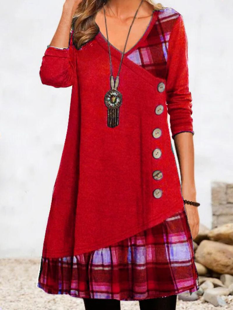 Women's asymmetrical V-neck tunic dress with decorative button placket and animal print trim Mune Fashion