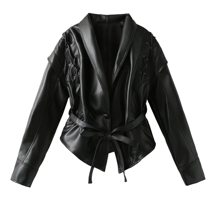 Women's short jacket in suede look with shawl collar, lacing details and waist belt Mune Fashion
