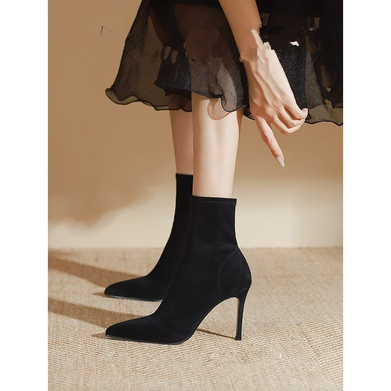 Women’s stretch sock boot with pointed toe and narrow stiletto heel