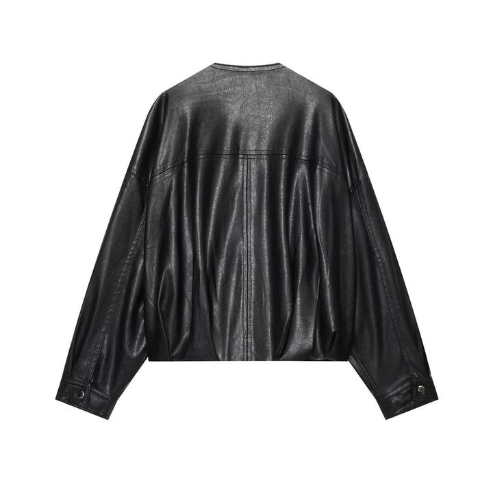 Women's Oversized Faux Leather Bomber Jacket with Round Neck, Dropped Shoulder and Elastic Hem Mune Fashion