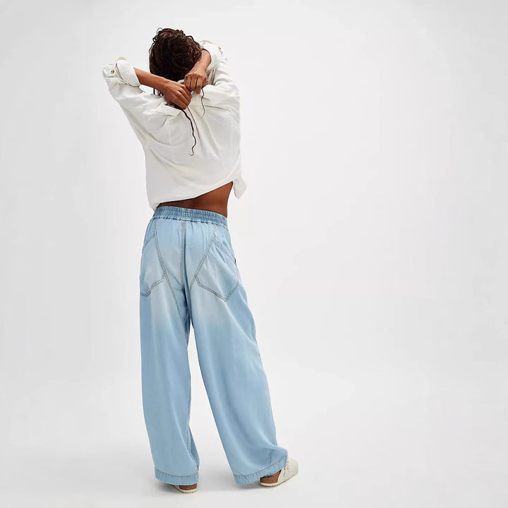 Women wide Lyocell pants with elastic drawstring waistband and large patch front pockets Mune Fashion