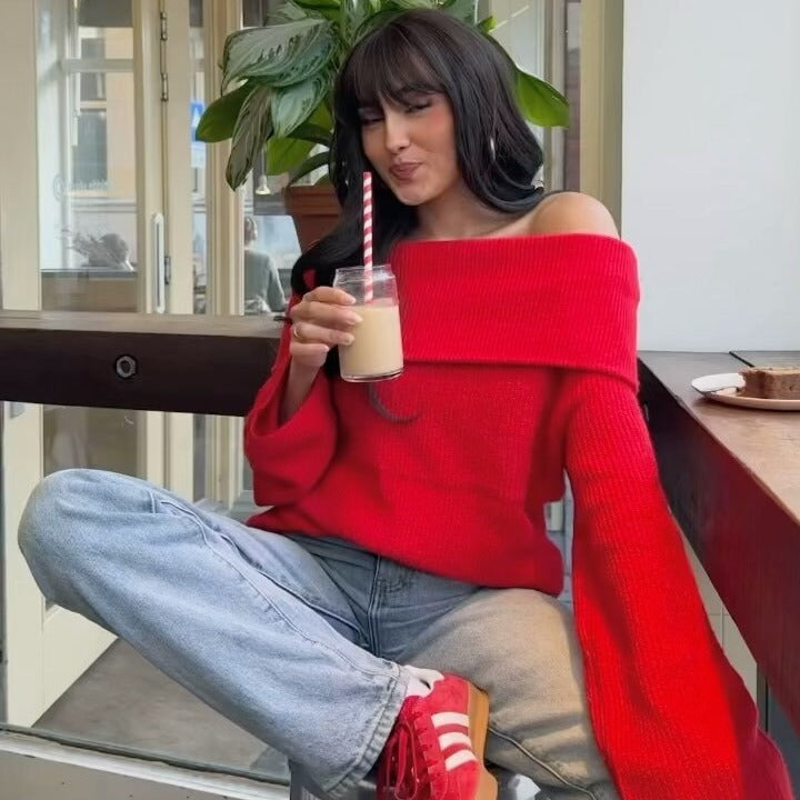 Women's oversized off-the-shoulder knitted sweater with wide turnover collar and ribbed texture Mune Fashion