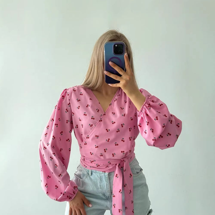 Women's wrap blouse with cherry print, wide puff sleeves & tie belt Mune Fashion